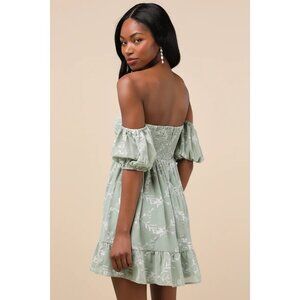Lulus Cutest Icon Sage Green Embroidered Off-The-Shoulder Mini Dress M